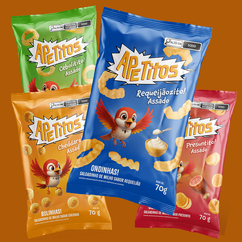 Composição com as quatro embalagens da linha Apetitos sobrepostas. Mostra os sabores Cebolitito (verde), Requeijãozito (azul), Cheddarzito (laranja) e Presuntito (vermelho), todos com o pássaro Tito interagindo com os ingredientes.