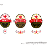 Comparativo de três rótulos antigos da Cachaça Seleta mostrando a aplicação inconsistente do logotipo da águia vermelha e variações na tipografia.