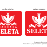 Quadro comparativo lado a lado mostrando o ícone da Cachaça Seleta antes do redesign, com traços irregulares, e após o redesign, mais limpo e legível.