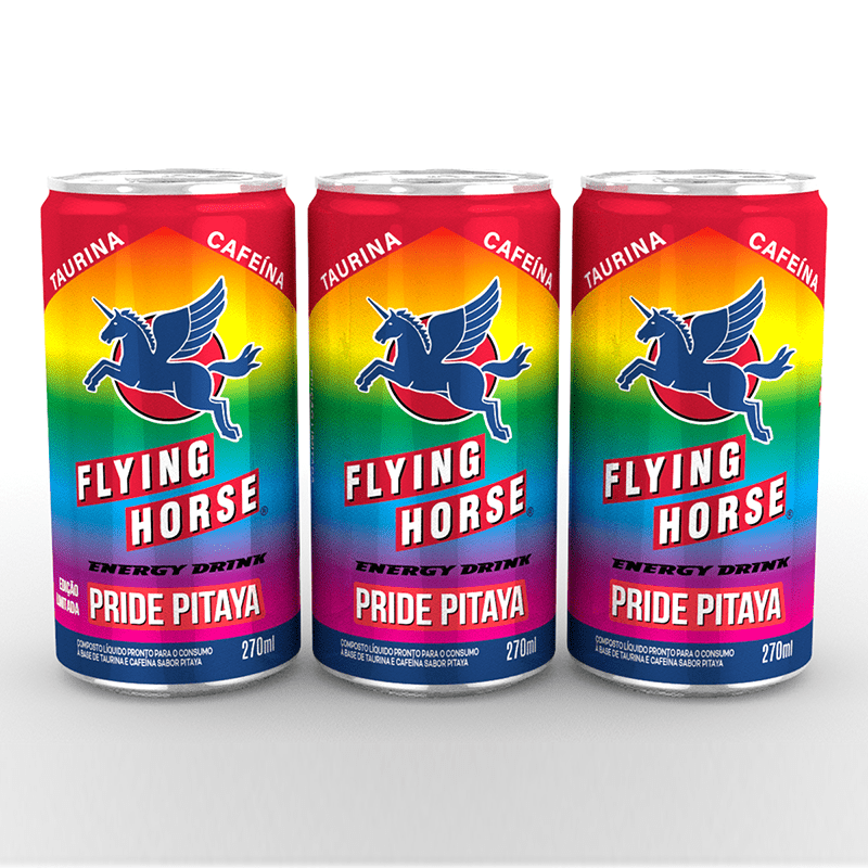 Mockup em fundo branco exibindo três latas de 270ml do energético Flying Horse Pride Pitaya alinhadas lado a lado, destacando o forte apelo visual das cores do orgulho LGBT.